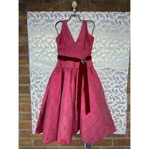 Elena do Vale Vintage Pink Quilted Silk Dress Velvet Bow Brooch Coquette 50s